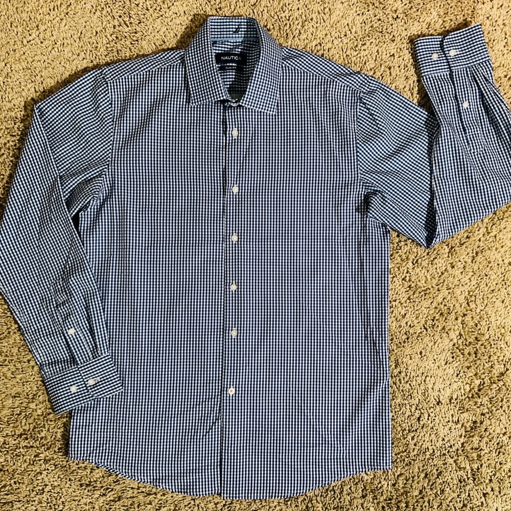 Nautica Men's Blue and White Gingham Dress Shirt